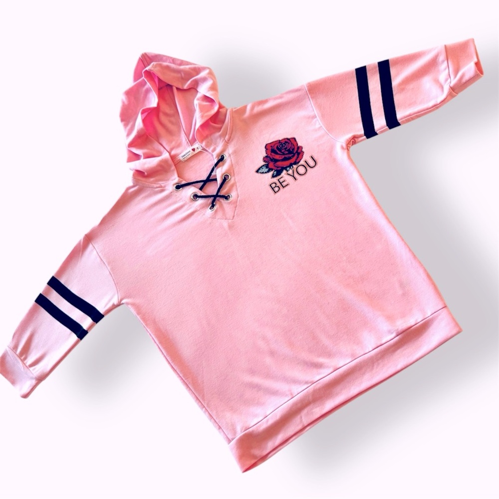 BEAUTEES Girls Pink Lace-Up Kids Hoodie Long Sleeve Tee Sporty T-shirt - Picture 2 of 14